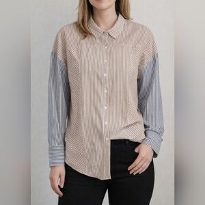 Free PEOPLE FP Striped Tan Grey Button-Up Shirt